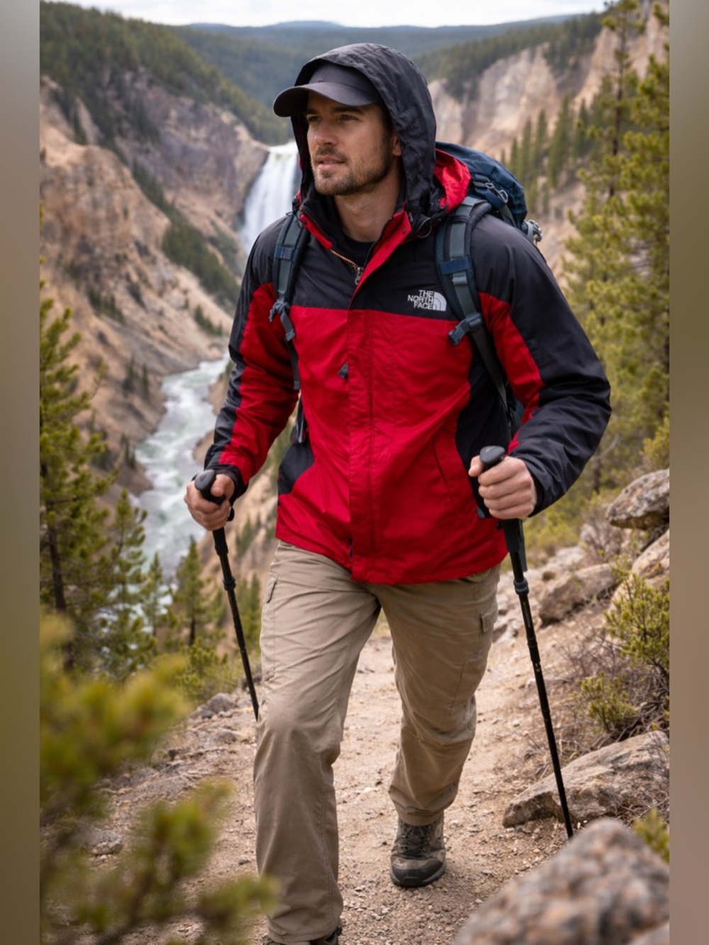 The North Face HyVent Jacket Mens XL Red Black Hooded Waterproof Hiking Rain